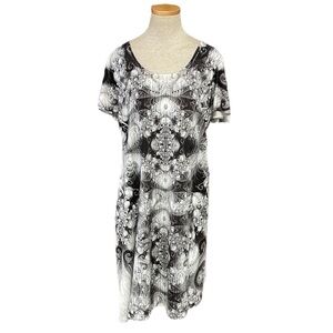 One World Dress Womens X Large XL Grey White Short Sleeve Midi Scoop Neck